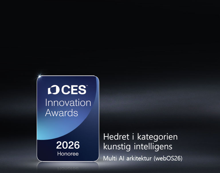 Merket «Hedret i CES Innovation Awards 2026» vises på en mørk bakgrunn. Multi AI arkitektur er anerkjent i kategorien kunstig intelligens.	