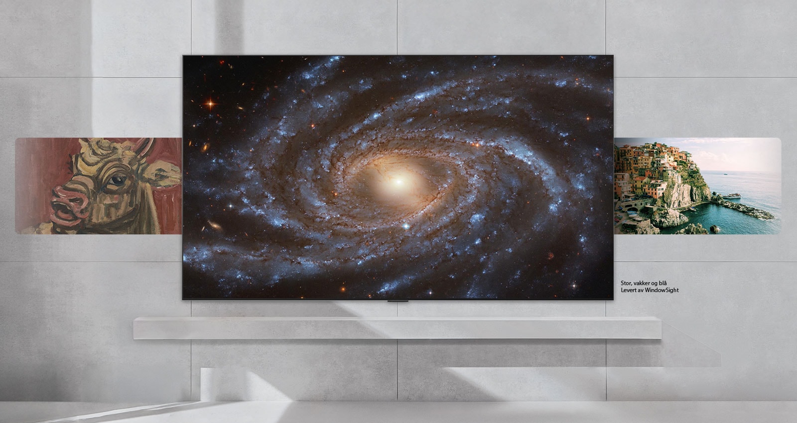 LG QNED evo AI QNED85 Mini LED med LG Gallery+ viser kuraterte kunstverk – bilder med romfartstema, malerier i koreansk stil og naturskjønne landskap – som rullerer på skjermen.