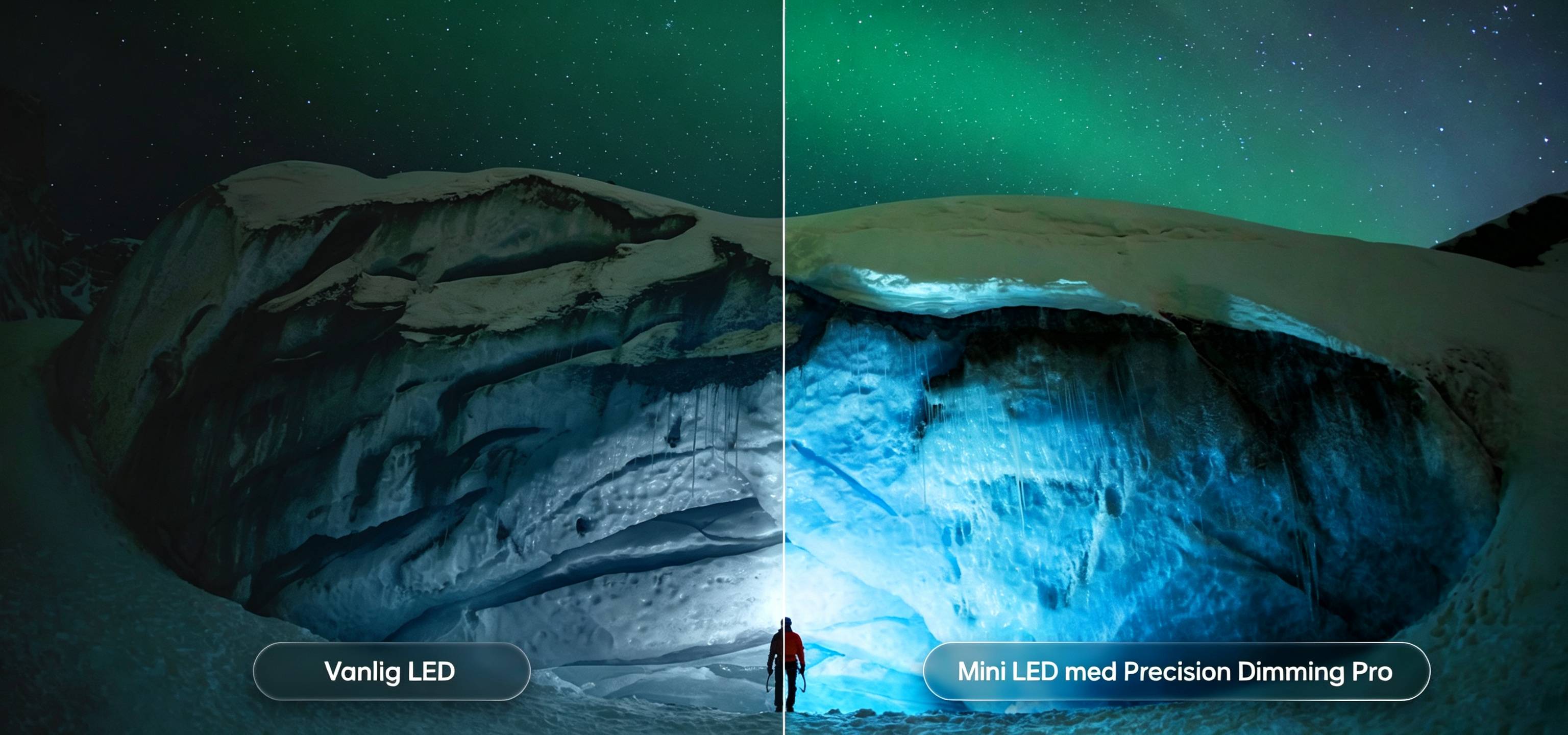 LG QNED evo AI QNED90 Mini LED fremhever Mini LED med Precision Dimming Pro gjennom et delt bilde av en aurora-opplyst isbre og fjell, og sammenligner det med konvensjonell LED for å vise dypere svartnivåer og raffinert kontrast og oppnå større presisjon og klarhet.