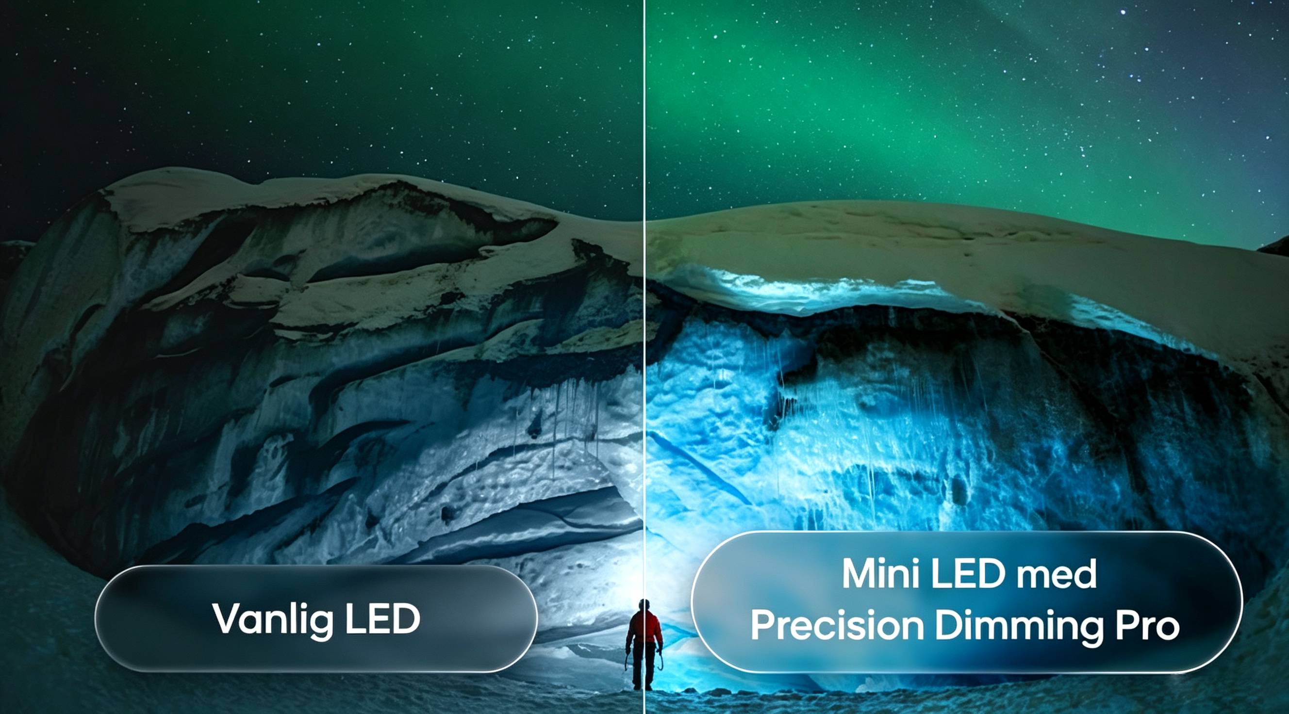 LG QNED evo AI QNED90 Mini LED fremhever Mini LED med Precision Dimming Pro gjennom et delt bilde av en aurora-opplyst isbre og fjell, og sammenligner det med konvensjonell LED for å vise dypere svartnivåer og raffinert kontrast og oppnå større presisjon og klarhet.
