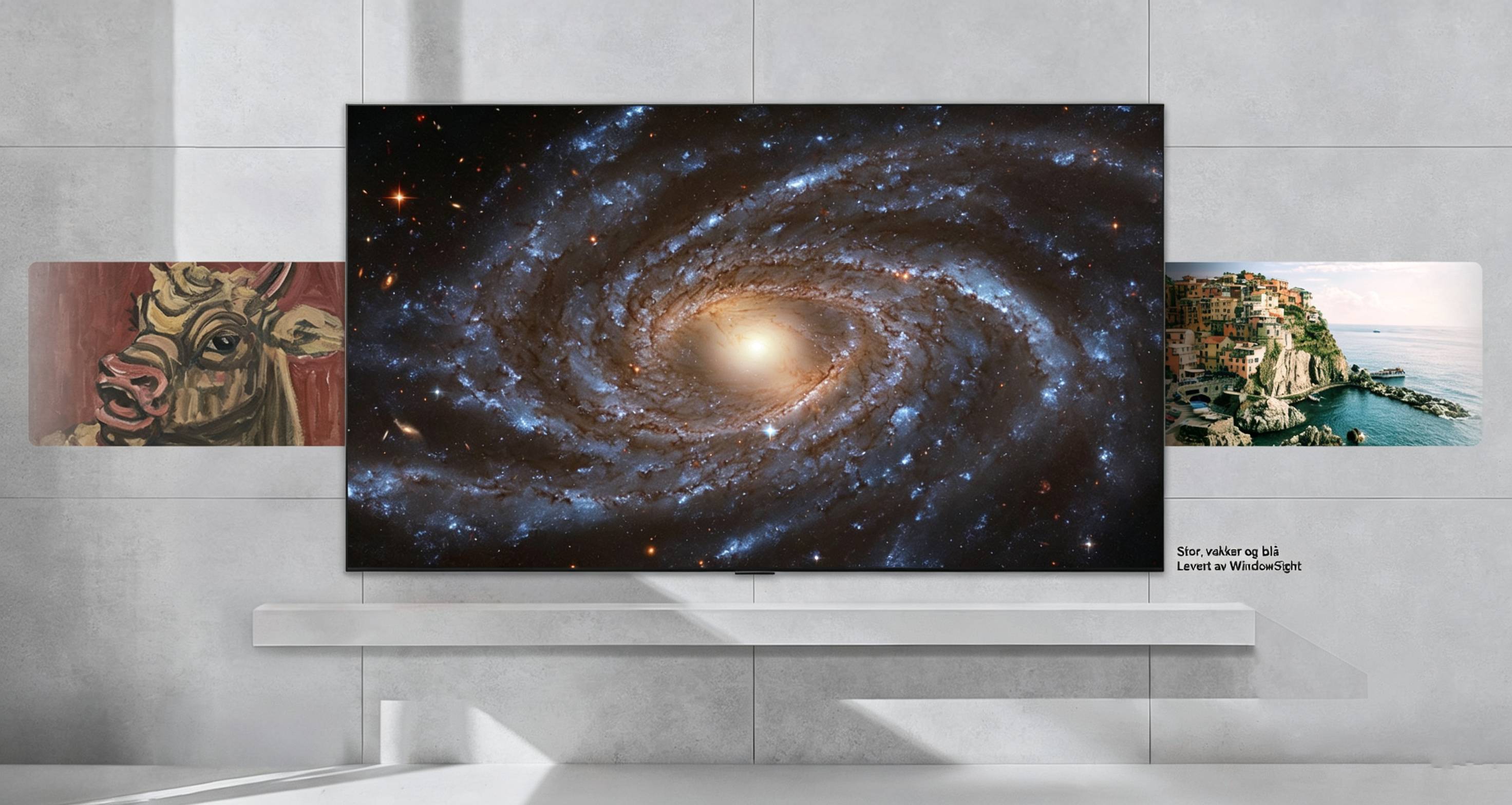 LG QNED evo AI QNED90 Mini LED med LG Gallery+ viser utvalgte kunstverk – bilder med romtema, malerier i koreansk stil og naturskjønne landskap – som rullerer på skjermen. 	