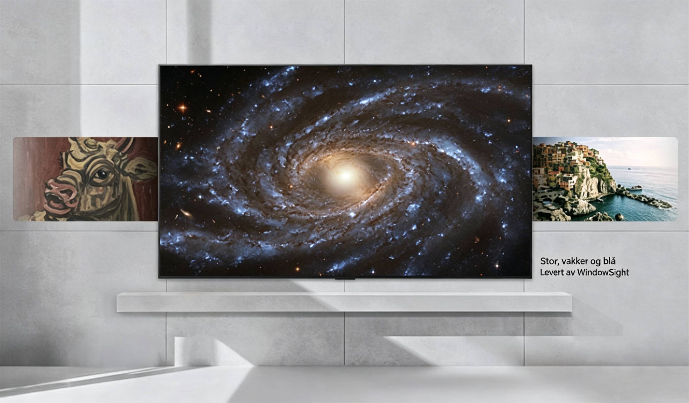 LG QNED evo AI QNED90 Mini LED med LG Gallery+ viser utvalgte kunstverk – bilder med romtema, malerier i koreansk stil og naturskjønne landskap – som rullerer på skjermen. 	