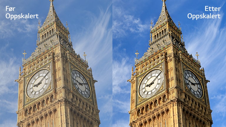Et bilde av Big Ben til høyre med teksten “Etter oppskalert” har et mer lyssterkt og klarere bilde sammenlignet med det samme bildet til venstre med teksten “Før oppskalert”