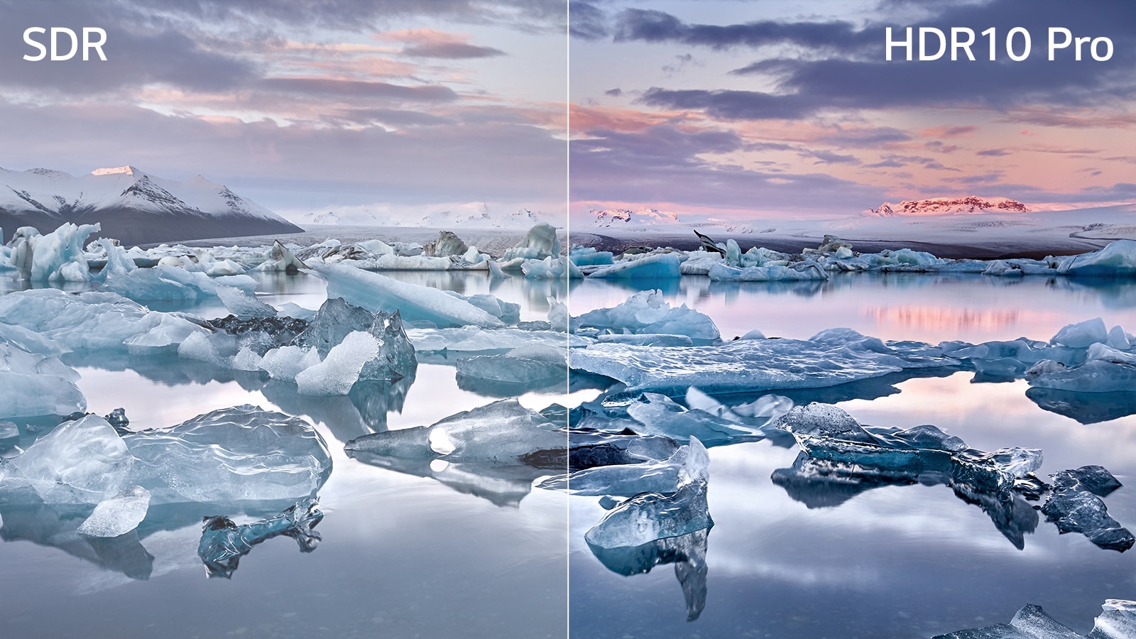 En skjerm viser en robot i et spill og en sammenligning mellom vanlig bilde og HDR 10 Pro vises.