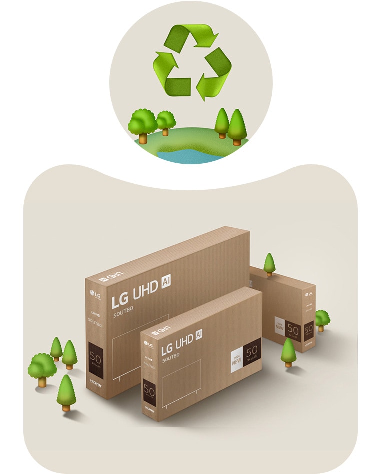 LG UHD-emballasje mot en beige bakgrunn med illustrerte trær.