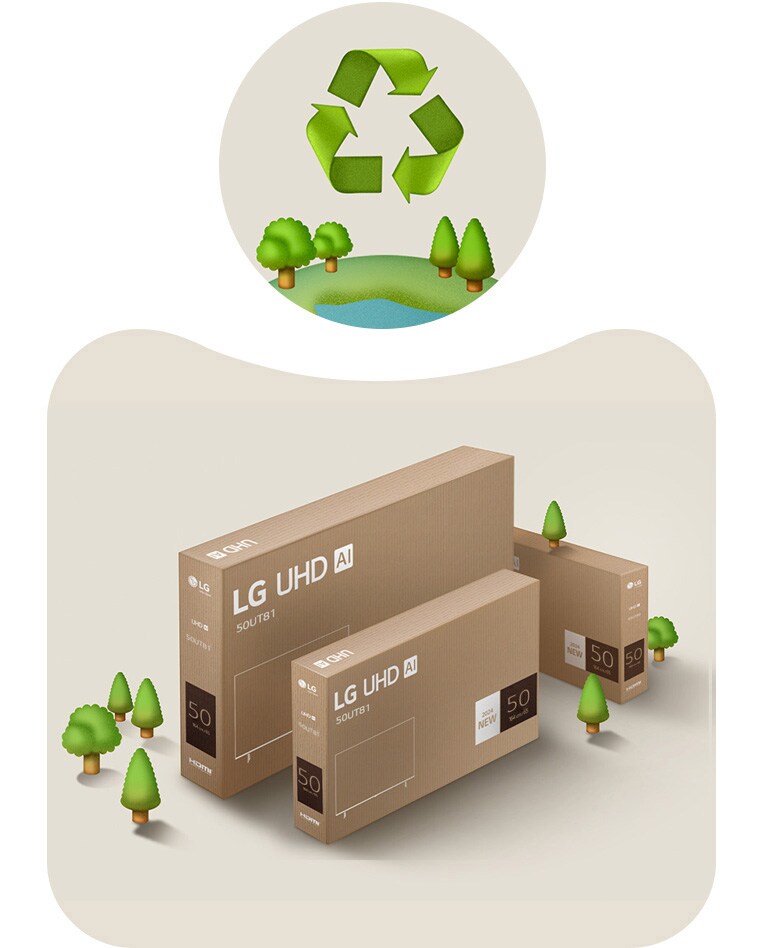 LG UHD-emballasje mot en beige bakgrunn med illustrerte trær.