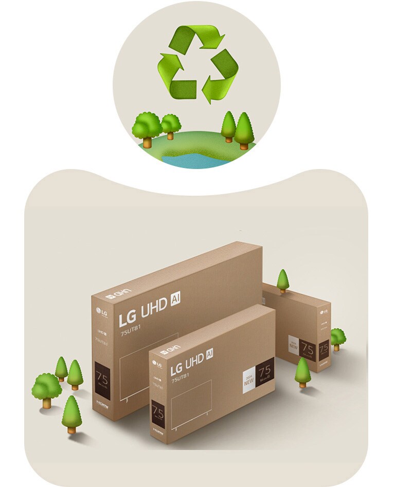 LG UHD-emballasje mot en beige bakgrunn med illustrerte trær.