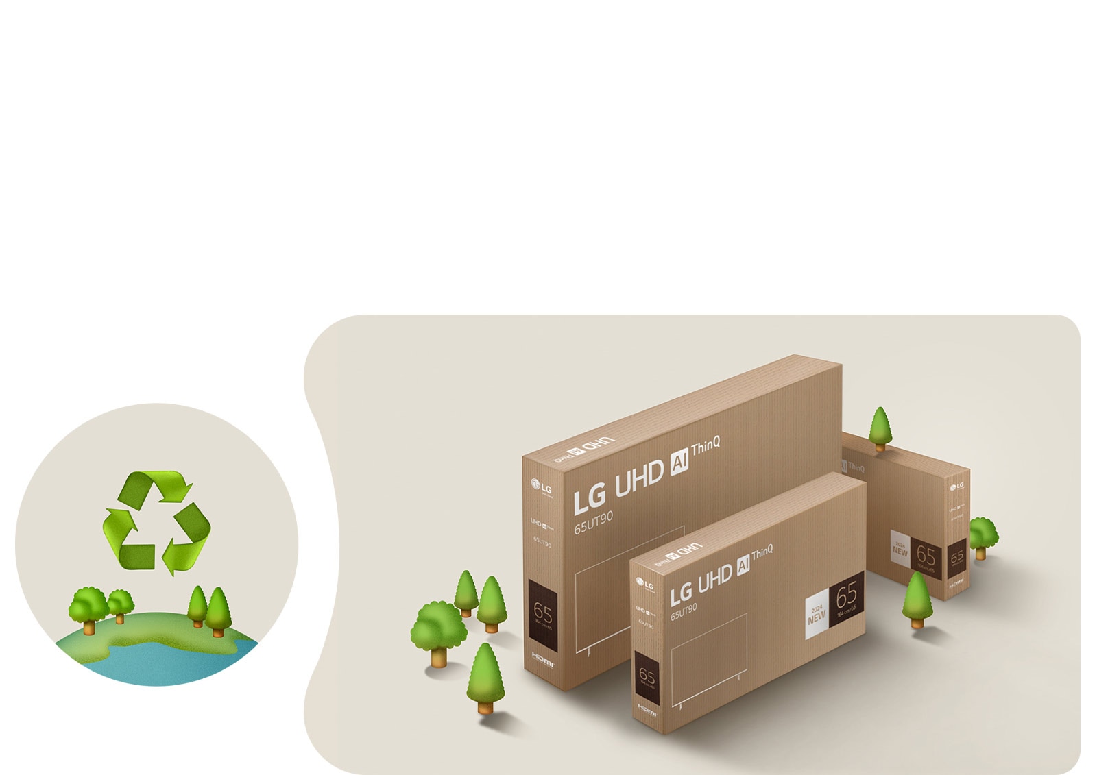 LG UHD-emballasje mot en beige bakgrunn med illustrerte trær.