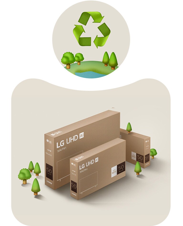 LG UHD-emballasje mot en beige bakgrunn med illustrerte trær.