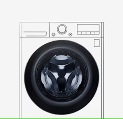 Bildet av vaskemaskinen med herdet glassdør er godt synlig.