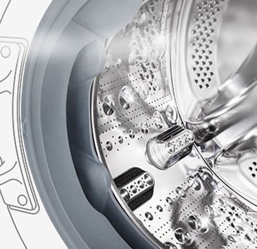 Bildet av innsiden av vaskemaskinen hvor de rustfrie trommelribbene kan sees.