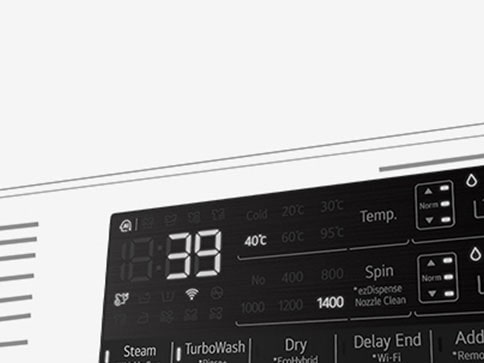 Dette er et forstørret bilde av vaskemaskinens panel, slik at displayet er godt synlig.