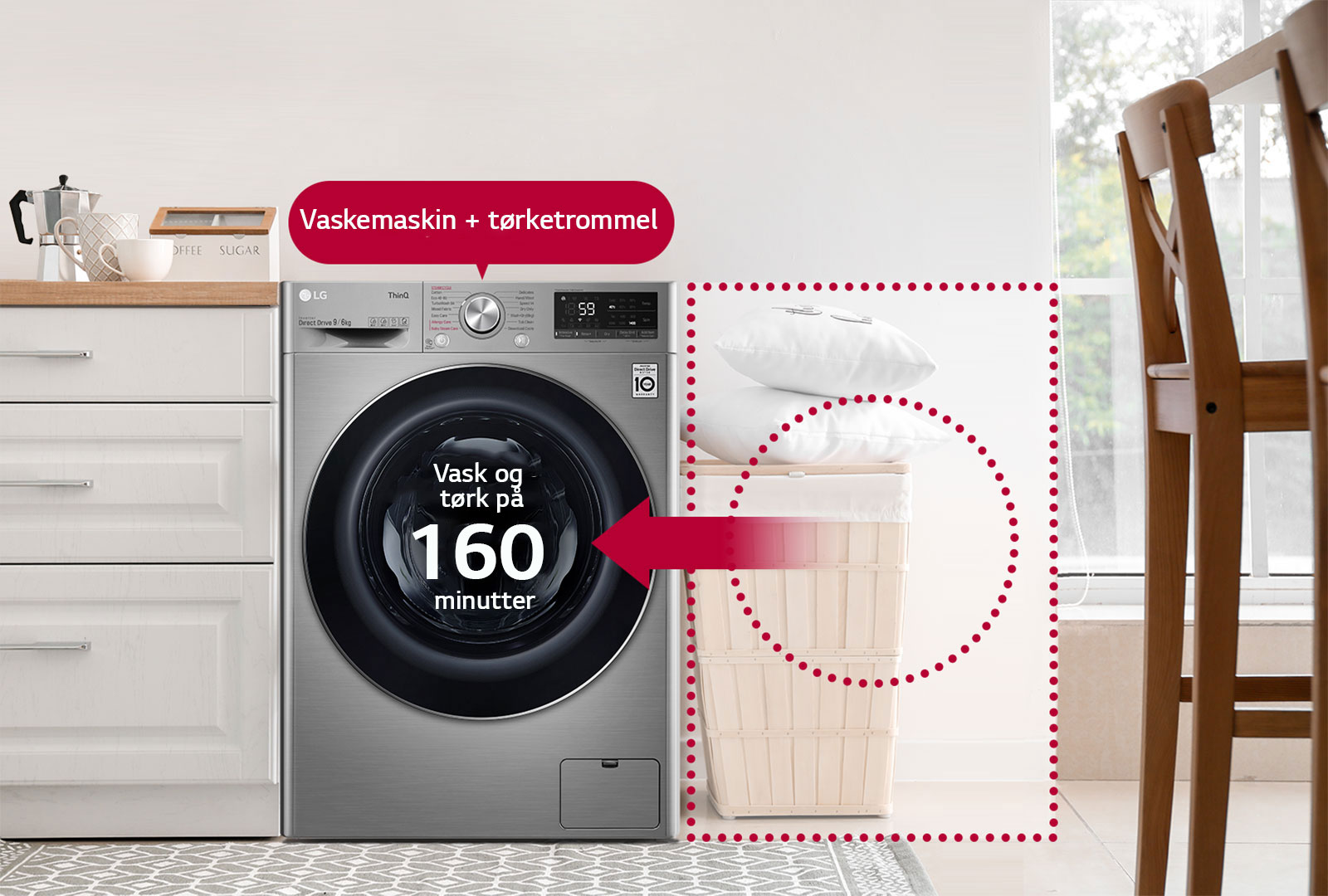 Det her er et bilde av en kombinert vask/tørk som sparer plass i huset og til og med vasketid.