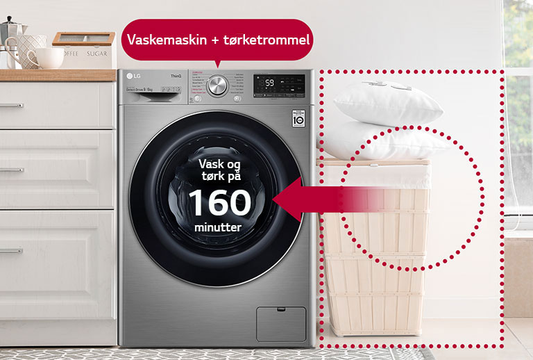 Det her er et bilde av en kombinert vask/tørk som sparer plass i huset og til og med vasketid.