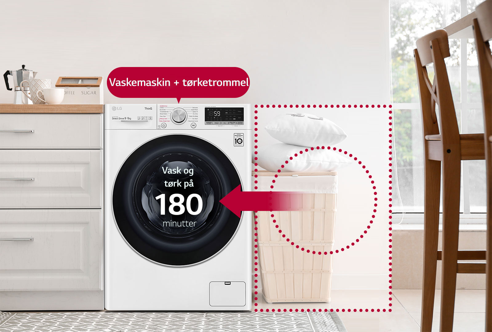 Det her er et bilde av en kombinert vask/tørk som sparer plass i huset og til og med vasketid.