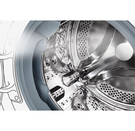 Bildet av vaskemaskinen med herdet glassdør er godt synlig.
