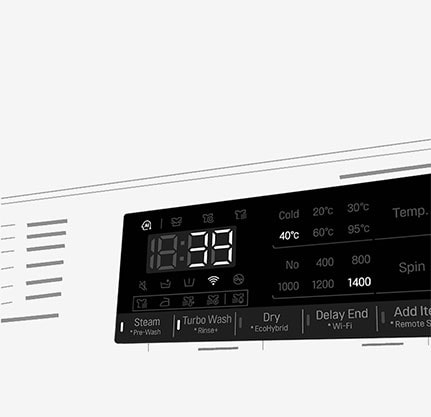 Dette er et forstørret bilde av vaskemaskinens panel, slik at displayet er godt synlig.