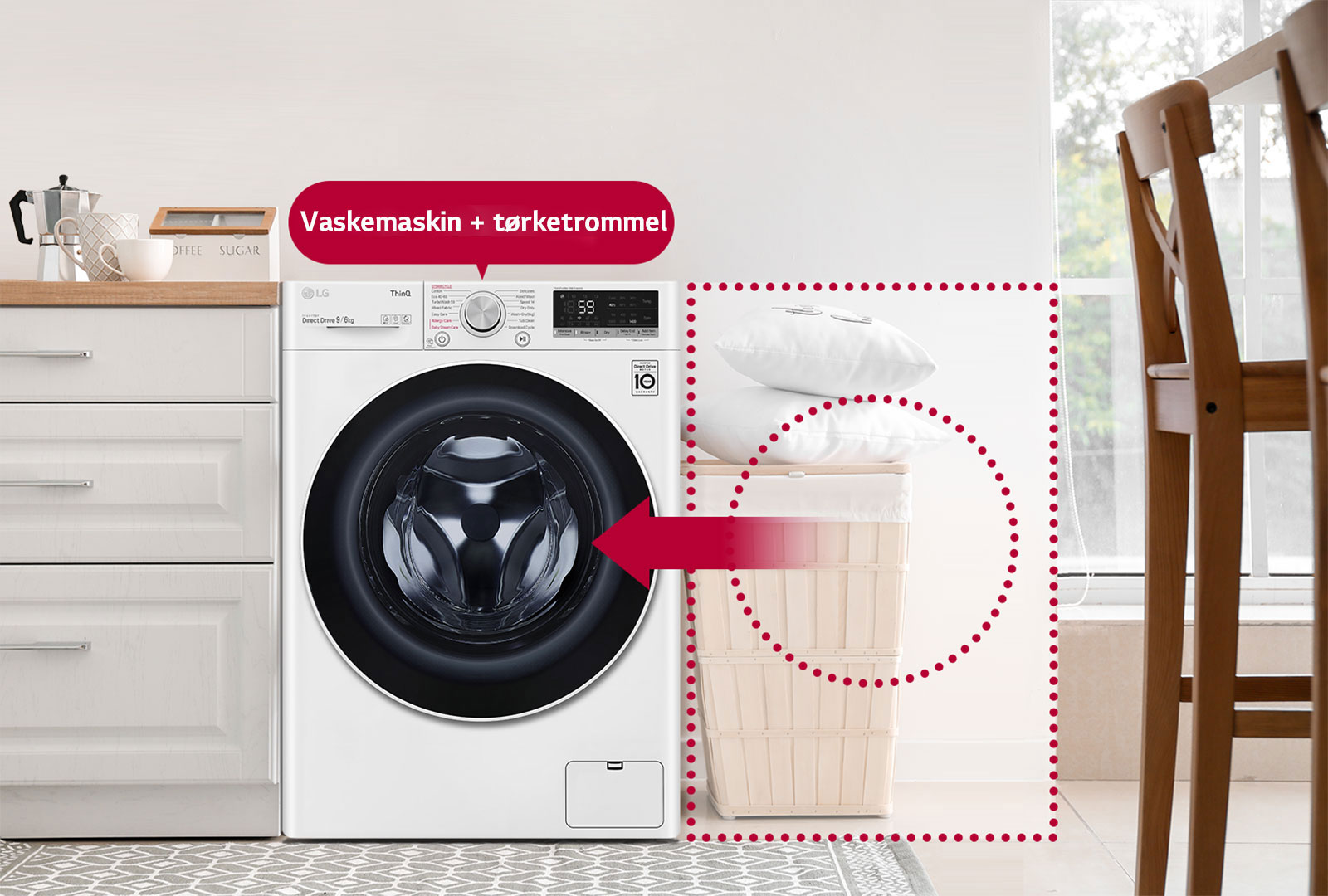 Det her er et bilde av en kombinert vask/tørk som sparer plass i huset og til og med vasketid.