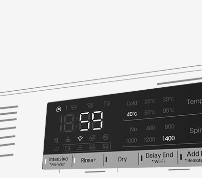 Dette er et forstørret bilde av vaskemaskinens panel, slik at displayet er godt synlig.