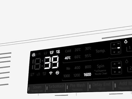 Dette er et forstørret bilde av vaskemaskinens panel, slik at displayet er godt synlig.