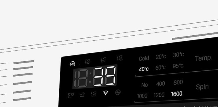 Dette er et forstørret bilde av vaskemaskinens panel, slik at displayet er godt synlig.