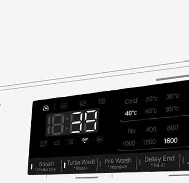 Dette er et forstørret bilde av vaskemaskinens panel, slik at displayet er godt synlig.