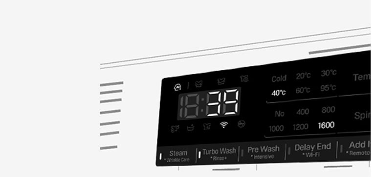 Bildet av vaskemaskinen med herdet glassdør er godt synlig.