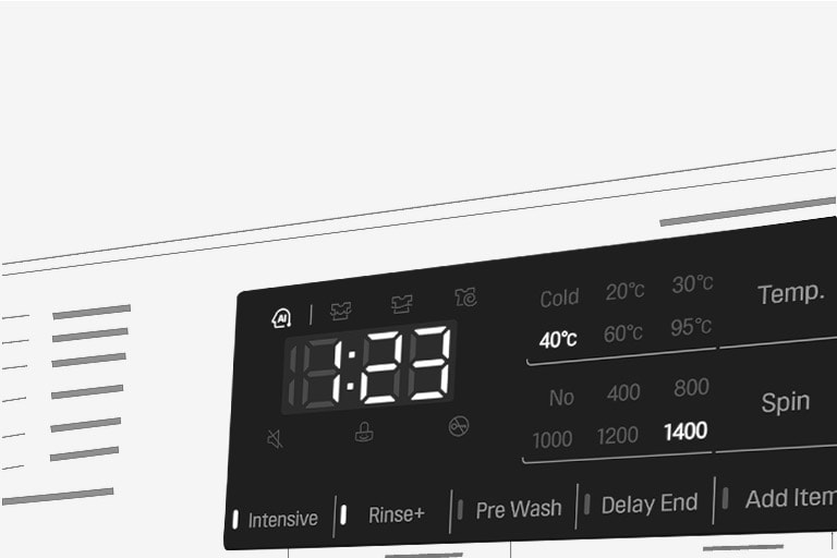 Dette er et forstørret bilde av vaskemaskinens panel, slik at displayet er godt synlig.