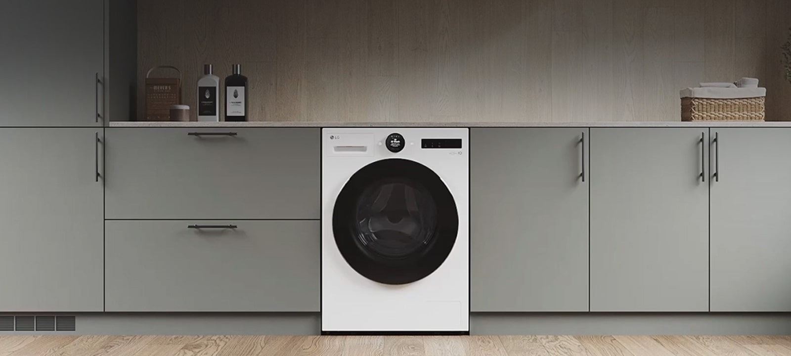 Vaskemaskinen er zoomet inn. Skjermen endres, og siden av panelet vises med tre farger: hvit, lysegrå og mørkegrå.