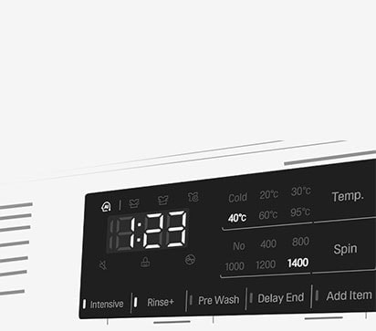 Dette er et forstørret bilde av vaskemaskinens panel, slik at displayet er godt synlig.