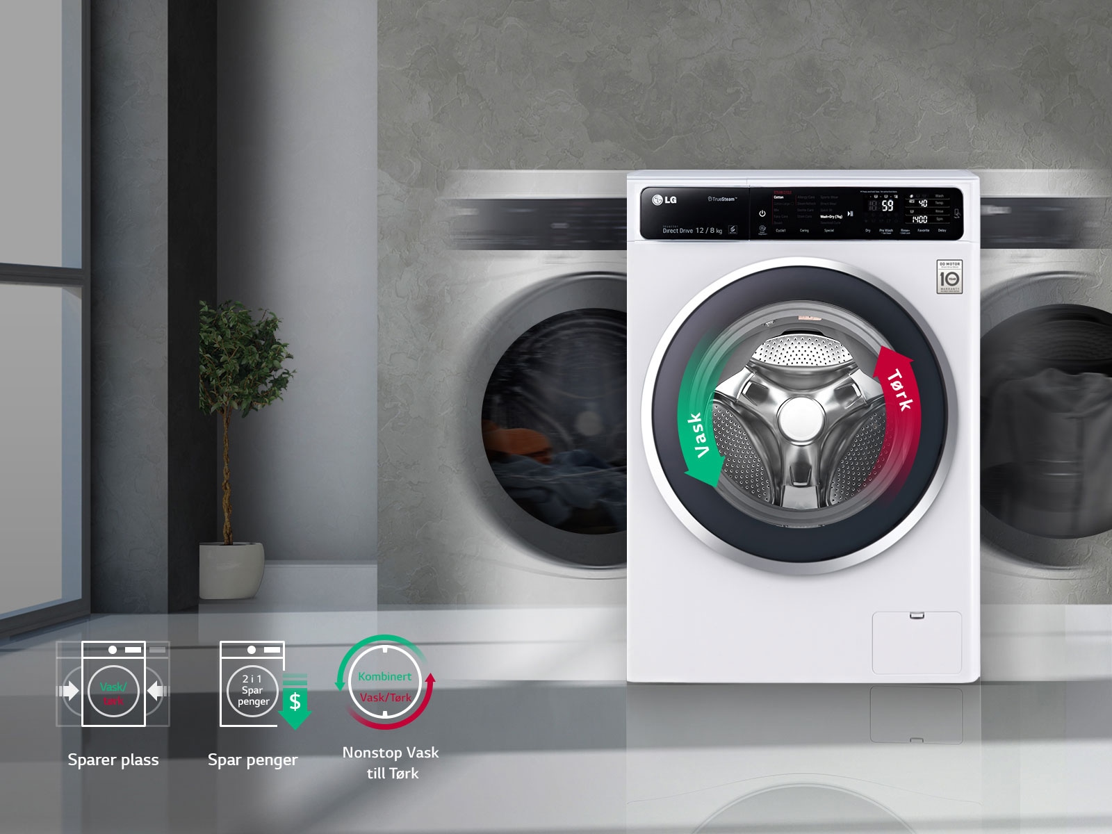 Vask og tørk i samme maskin			1