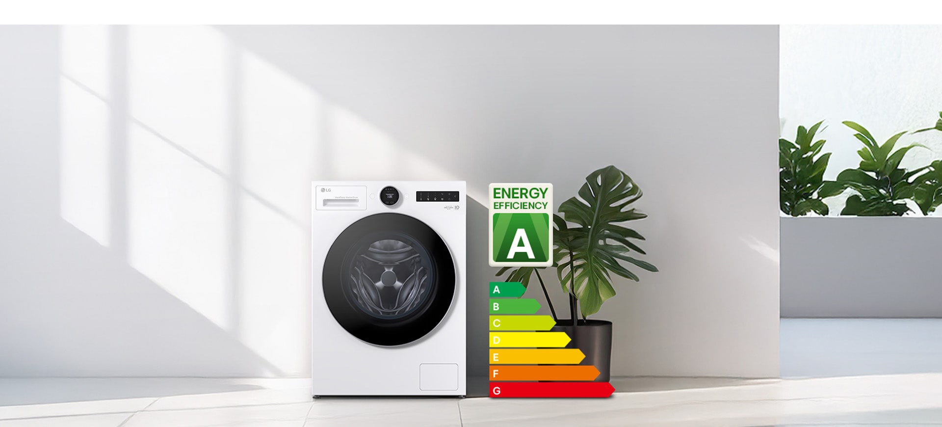 LG hvit vaskemaskin med tørketrommel står mot en hvit vegg med en energietikett i klasse A, en graf og planter på høyre side.