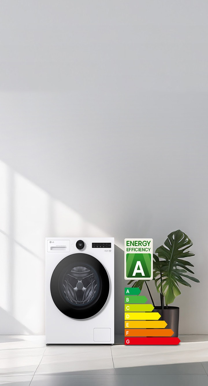 LG hvit vaskemaskin med tørketrommel står mot en hvit vegg med en energietikett i klasse A, en graf og planter på høyre side.