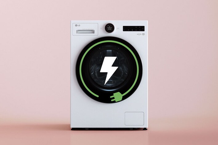 LG hvit frontmatet vaskemaskin med tørketrommel (WHX9516TLC) har en grønn energigrafikk med et lynsymbol inne i trommelen.
