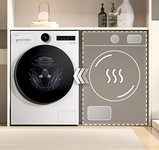 LG hvit frontmatet vaskemaskin med tørketrommel (WHX9516TLC) er plassert til venstre, med en illustrert omriss av en tørketrommel vist til høyre for å indikere sammenkoblingskonfigurasjon.