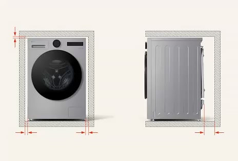 LG frontmatet vaskemaskin illustrert i et delt bilde: til venstre vises piler som markerer klaring til vegger på sidene, og til høyre vises en sidevisning med åpen dør og piler som angir plass bak.