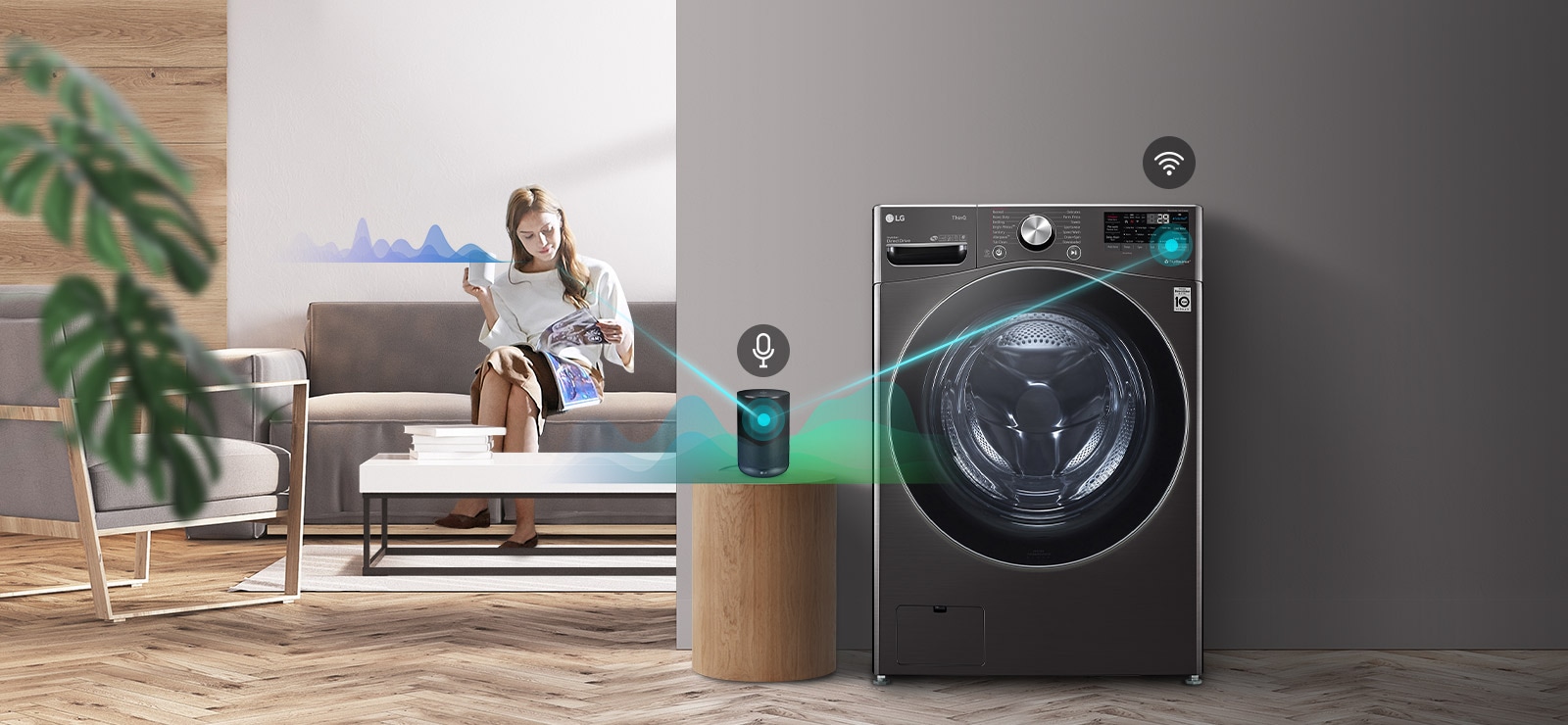 Tre ikoner øverst indikerer at det er tre bilder i en karusell. Det første ikonet, merket «Stemmestyring», er rødt. En video viser en kvinne som sitter i en sofa og leser. Et lydbølgeikon vises ved siden av henne og deretter en linje fra henne til AI-høyttaleren, der en mikrofon vises og et annet lydbølgeikon beveger seg. Deretter kobles en annen linje fra høyttaleren til tørketrommelen, der et WiFi-ikon vises. 