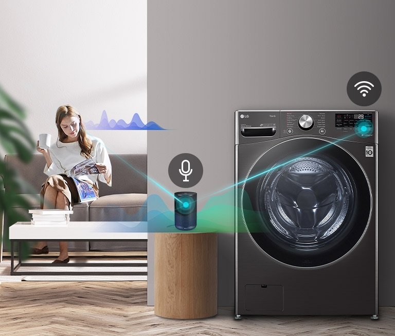 Tre ikoner øverst indikerer at det er tre bilder i en karusell. Det første ikonet, merket «Stemmestyring», er rødt. En video viser en kvinne som sitter i en sofa og leser. Et lydbølgeikon vises ved siden av henne og deretter en linje fra henne til AI-høyttaleren, der en mikrofon vises og et annet lydbølgeikon beveger seg. Deretter kobles en annen linje fra høyttaleren til tørketrommelen, der et WiFi-ikon vises. 