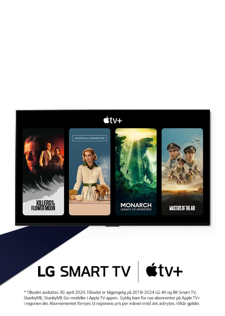 Et bilde av LG OLED TV. Innhold fra Apple TV+ er på skjermen, og overskriften er «Få tre måneder med gratis Apple TV+ med LG Smart TV-er.»
