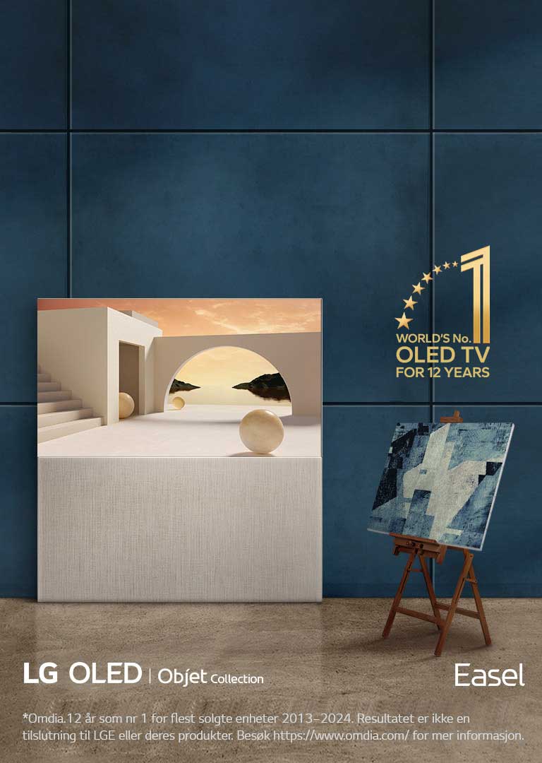 LG OLED Easel TV er støttet opp mot en vegg. Ved siden av er det et faktisk maleri på et staffeli. På grunn av utformingen av TV-en ser den ut som et faktisk kunstverk på staffeli. Emblemet «Verdens nummer 1 OLED TV i 12 år» er i hjørnet. LG OLED, Objet Collection og Easel produktlogoer er også synlige.