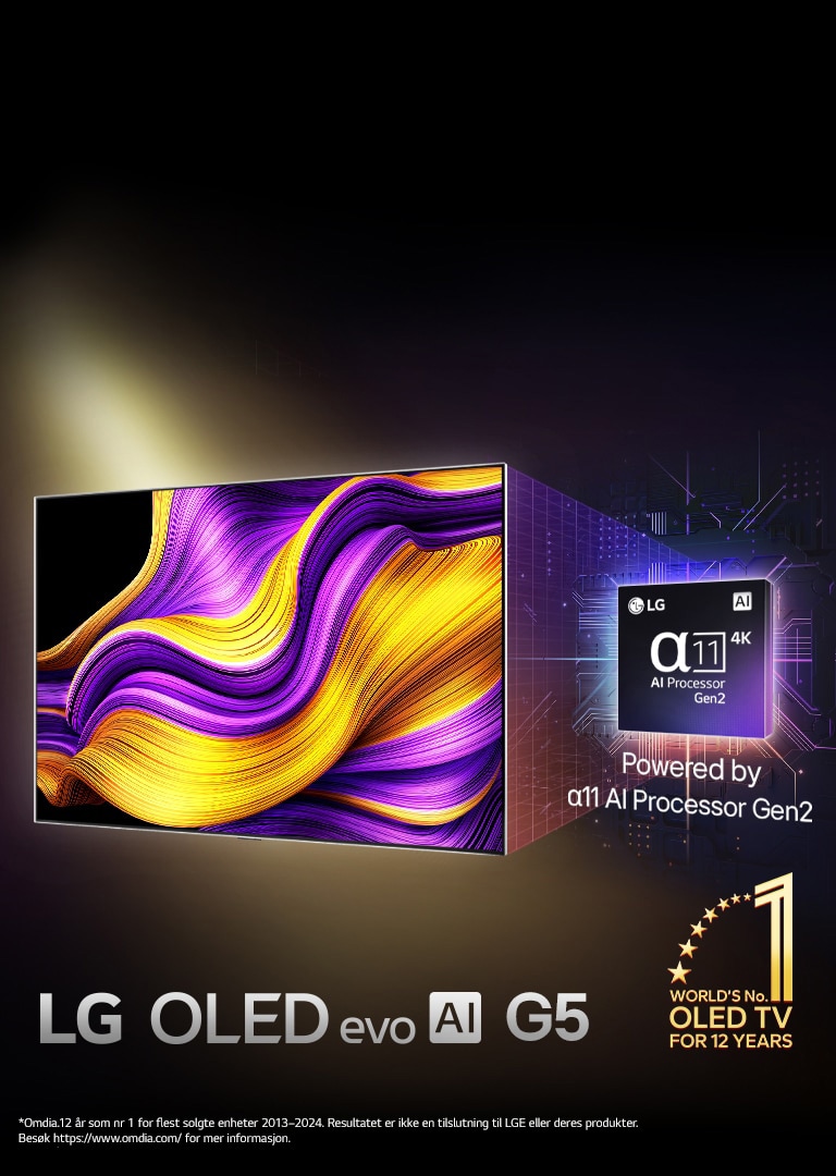 På skjermen til en LG OLED evo AI TV er det et abstrakt bilde med imponerende detaljer, farge og kontrast. En forstørret versjon av alpha 11 AI Processor Gen2 er bak TV-en. Den lyser med lys som lyser opp mikrochipkretsen rundt. Tittelen sier: LG OLED evo AI. Tekst vises også, som får strøm fra LG alpha 11 AI prosessor Gen2. En gull-logo med stjerner i hjørnet som sier: verdens nummer én OLED TV i 12 år.