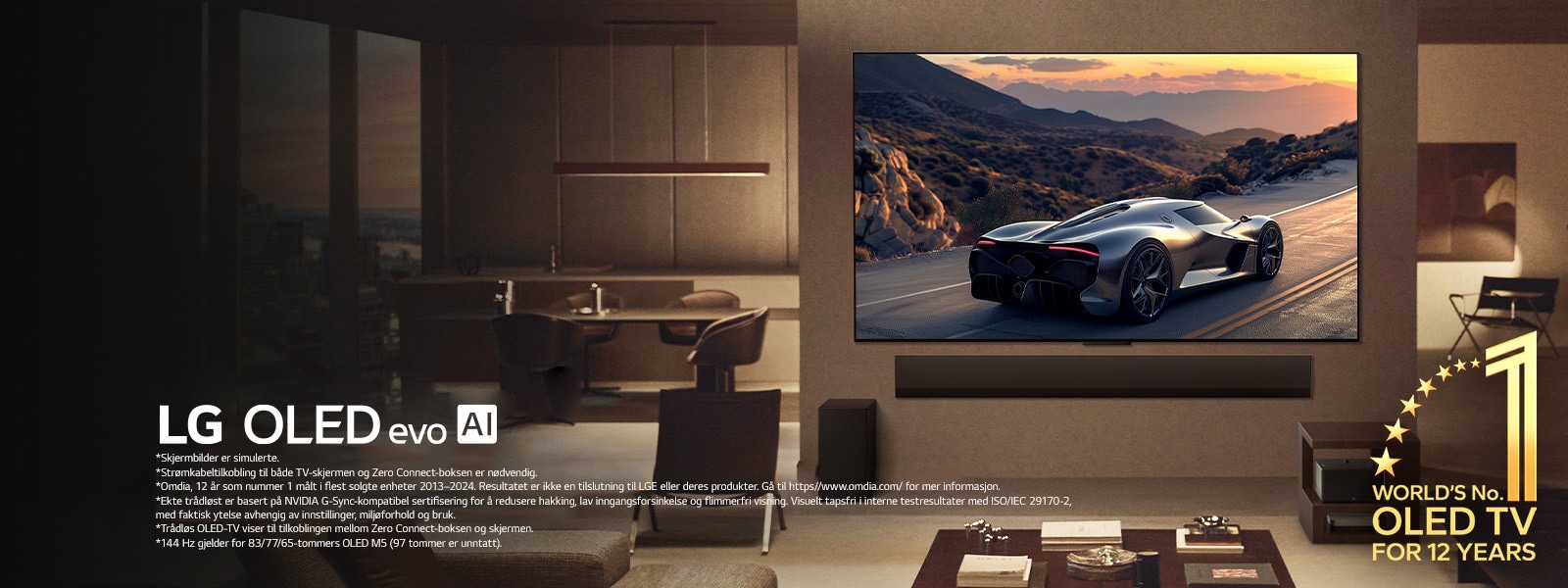 Stilig stue med LG OLED evo M5 TV montert på veggen. LG Soundbar under den. Zero Connect Box gjemt bort under et sidebord. Ingen ledninger er synlige, noe som viser frem den ekte trådløse teknologien til TV-en. Emblemet for «Verdens ledende OLED TV i 12 år» og LG OLED evo AI-logoen er synlige.