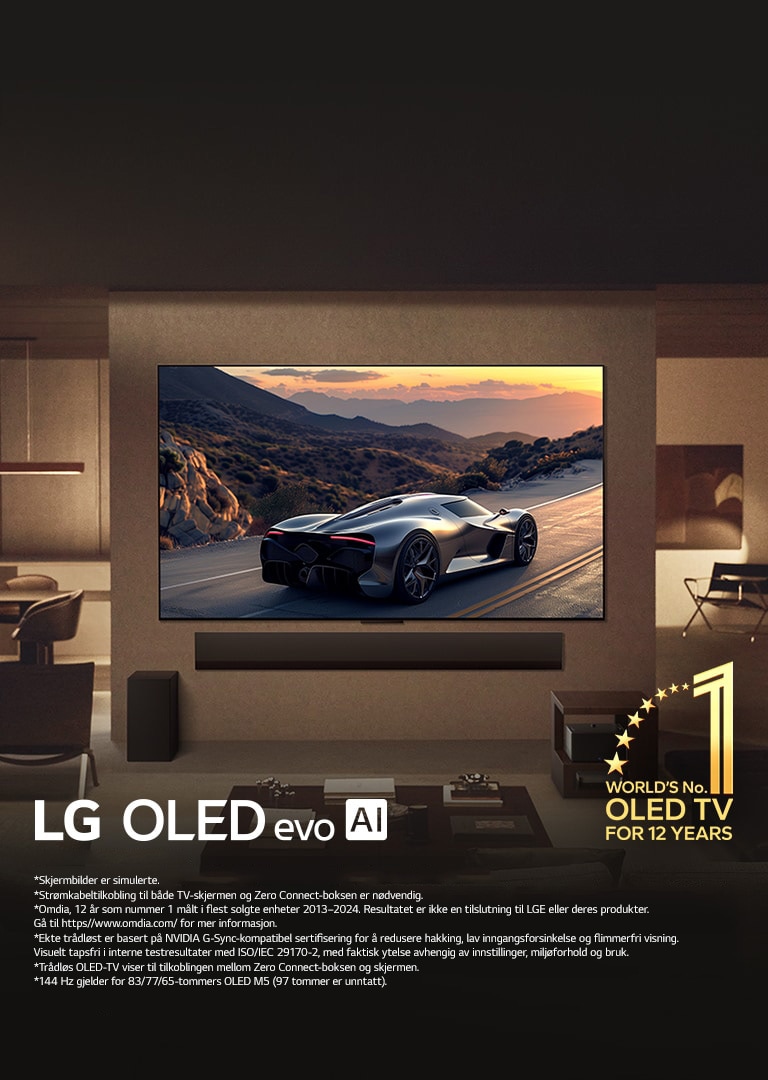 Stilig stue med LG OLED evo M5 TV montert på veggen. LG Soundbar under den. Zero Connect Box gjemt bort under et sidebord. Ingen ledninger er synlige, noe som viser frem den ekte trådløse teknologien til TV-en. Emblemet for «Verdens ledende OLED TV i 12 år» og LG OLED evo AI-logoen er synlige.