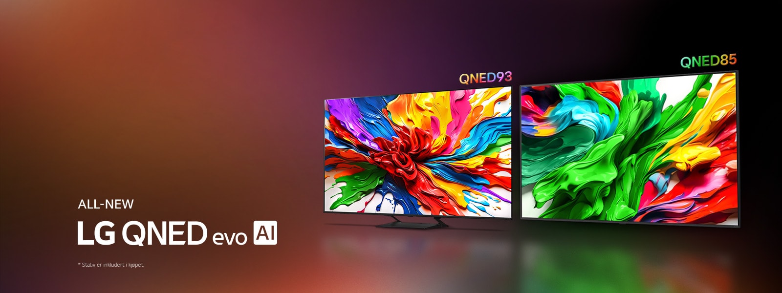 LG TV-er med fargerike kunstverk som fremhever den nye levende og livaktige fargegjengivelsesteknologien til LG QNED er på skjermene deres. HELT NY LG QNED evo AI-logo er også til stede.