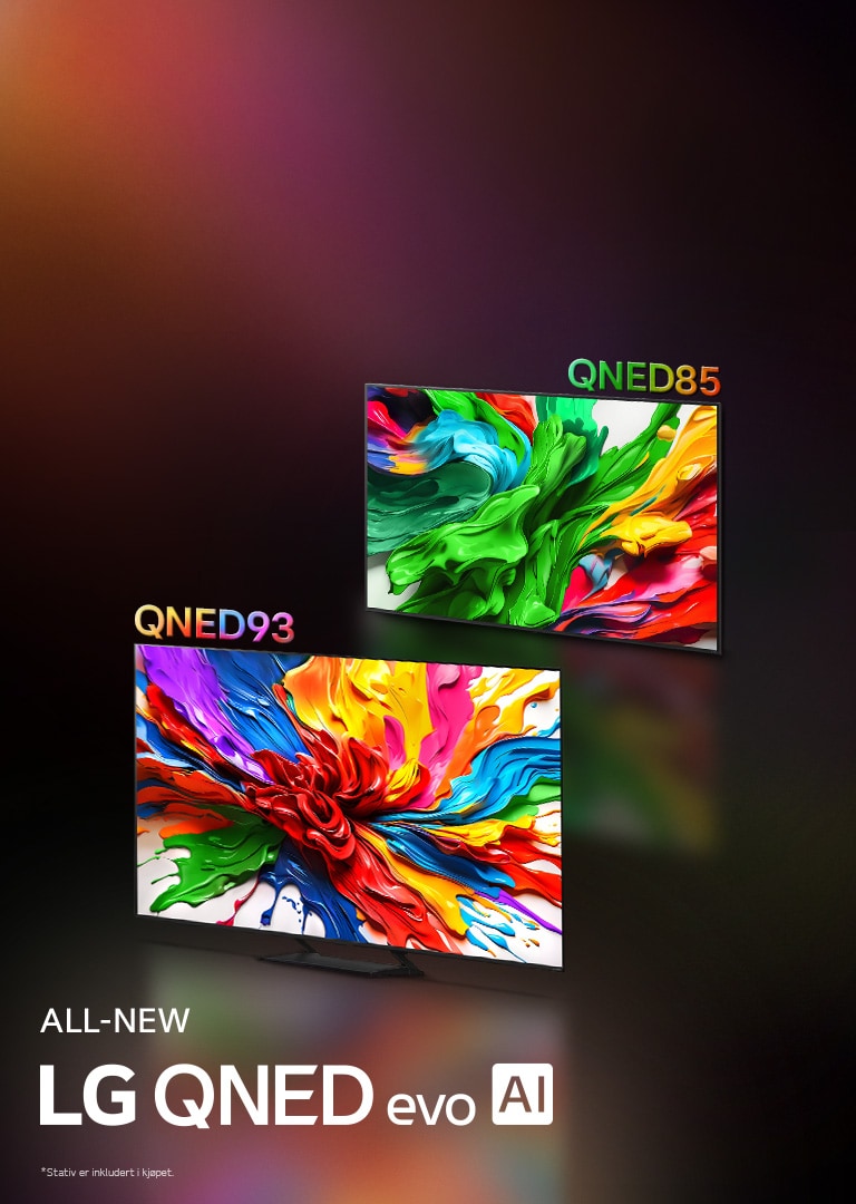 LG TV-er med fargerike kunstverk som fremhever den nye levende og livaktige fargegjengivelsesteknologien til LG QNED er på skjermene deres. HELT NY LG QNED evo AI-logo er også til stede.