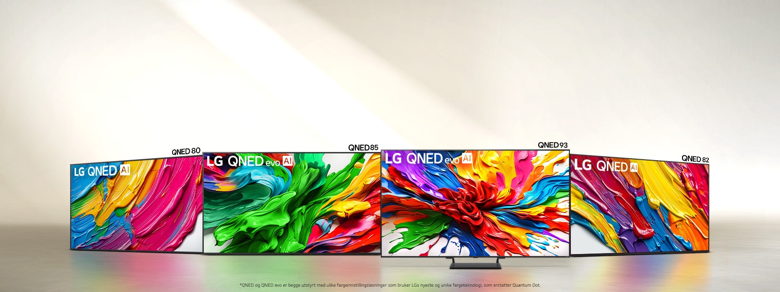 Fire LG QNED evo AI TV-er på rekke og rad, QNED80, QNED85, QNED93, QNED82 TV-er.