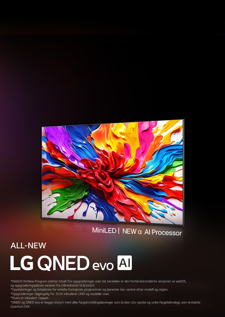 LG QNED TV mot en fargerik mørk bakgrunn. På skjermen vises et lyst og fargerikt kunstverk som demonstrerer QNEDs fargeteknologi og evne til å gjengi et bredt spekter av nyanser med høy kontrast. Helt ny LG QNED evo AI-logo til stede. Med undertekster som fremhever QNEDs MiniLED og nye alpha AI processor. Tittelen lyder: Hver farge redefinert, New Experience starter.