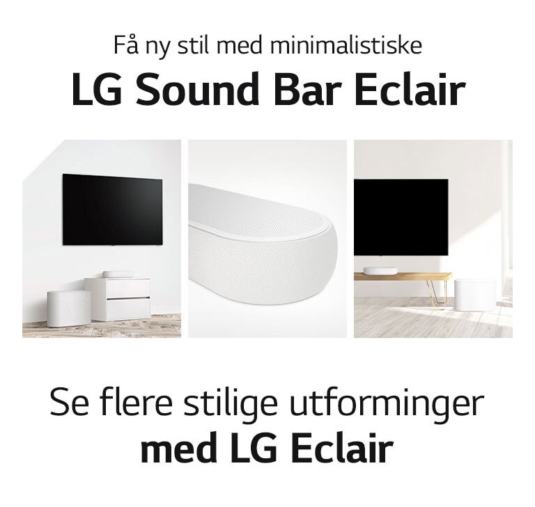Det er en samling med tre bilder - lydplanke og subwoofer i en hvit stue til venstre, nærbilde av høyre side av en lydplanke i midten, og lydplanke og subwoofer på et treskap på høyre side i bildesamlingen.