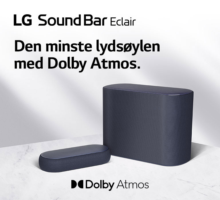 En lydplanke og en subwoofer er plassert på et marmorgulv, lydplanken og subwooferen peker i motsatte retninger