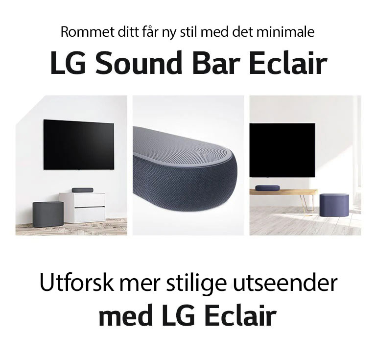 Det er en samling med tre bilder - lydplanke og subwoofer i en hvit stue til venstre, nærbilde av høyre side av en lydplanke i midten, og lydplanke og subwoofer på et treskap på høyre side i bildesamlingen.